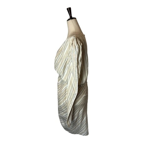 Ronny Kobo Dress Women Large Ivory Tan Striped Linen Blend Puff Sleeve Joslyn - Picture 7 of 15